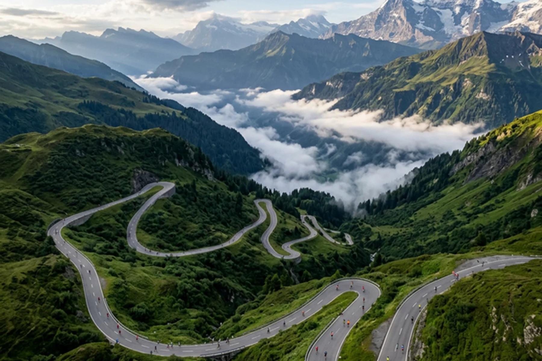 Vista aérea de corredores em estrada de montanha, paisagem alpina ao fundo
