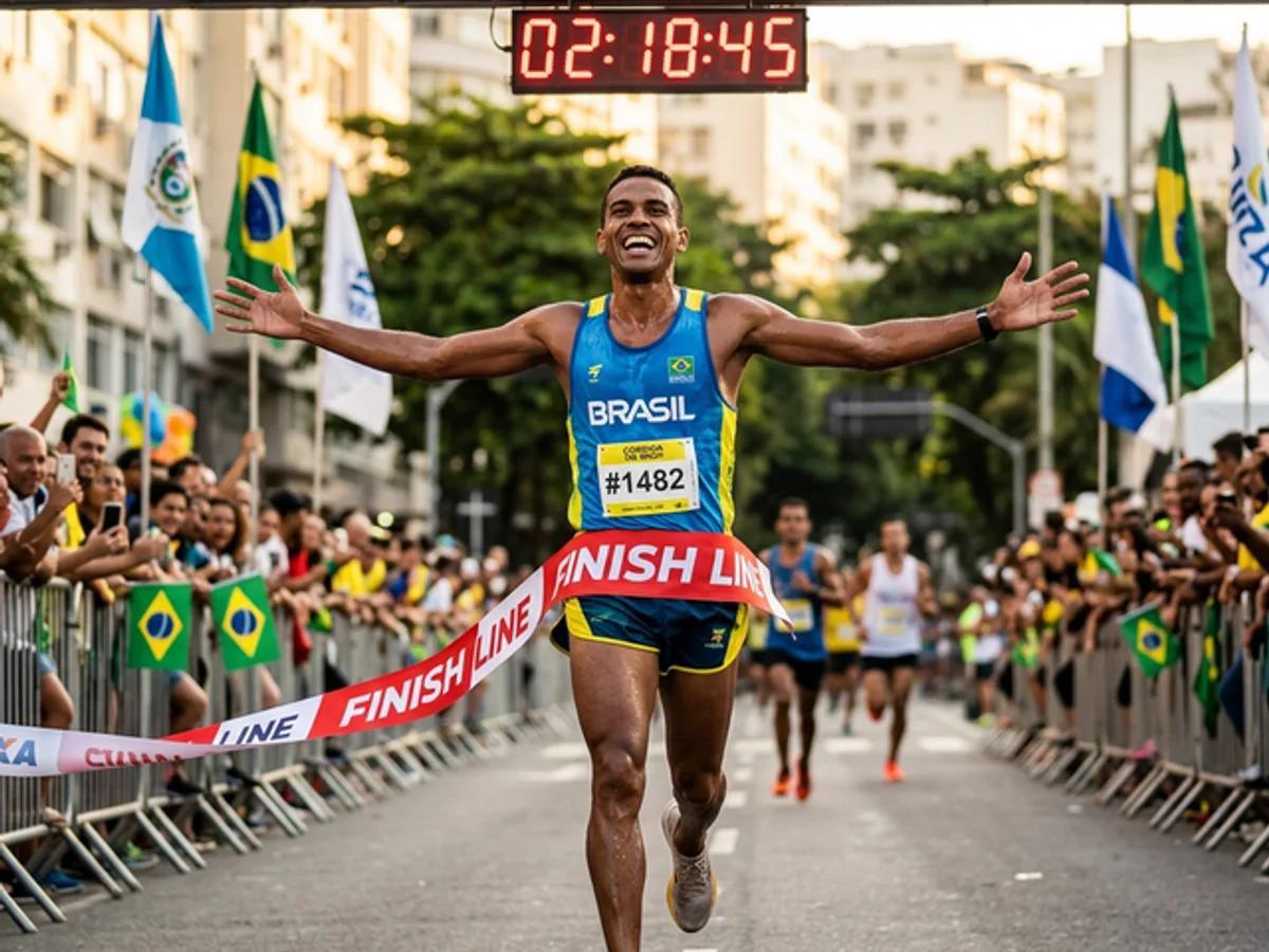 Corredor cruzando a linha de chegada de braços abertos, celebrando a vitória