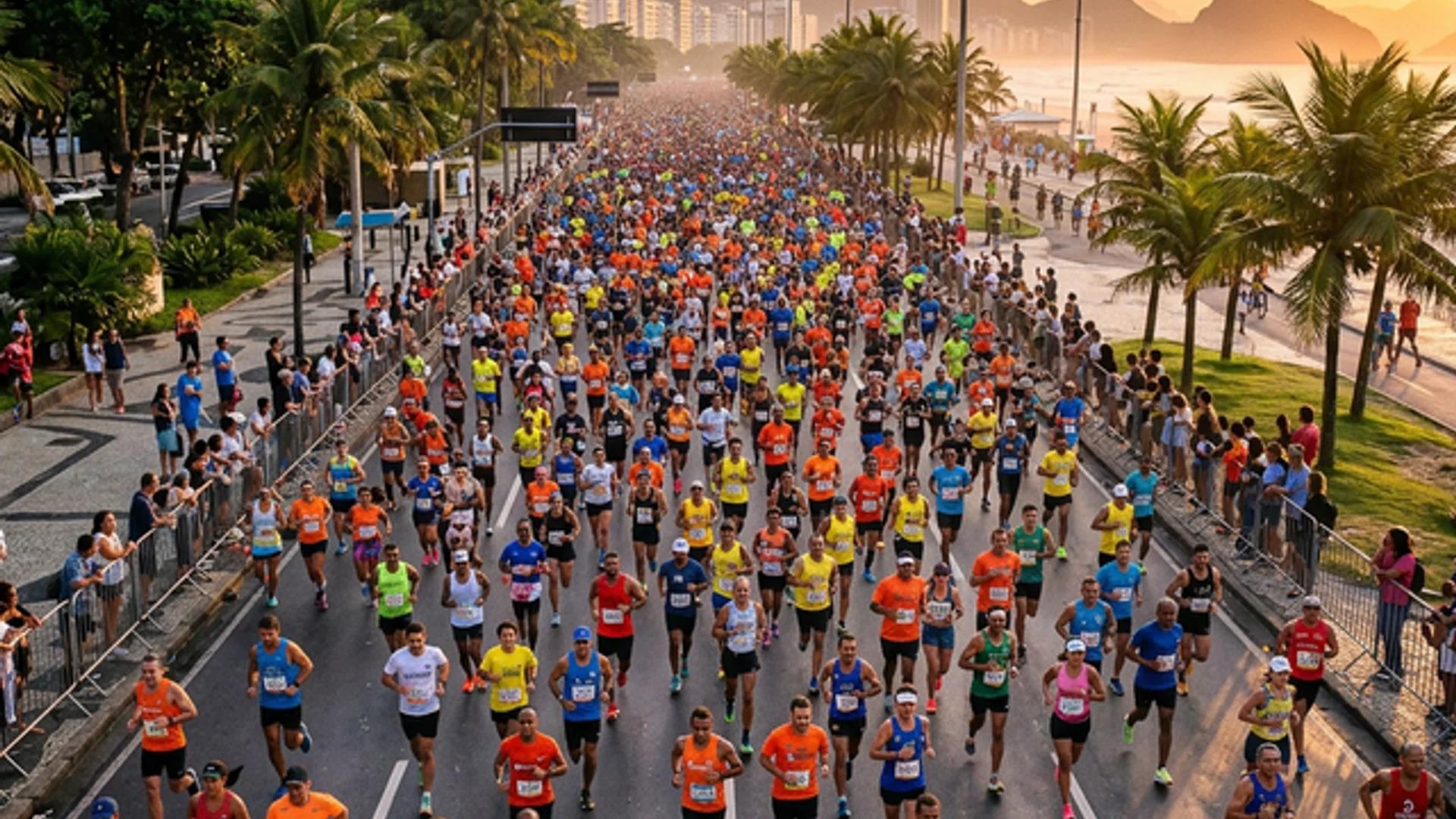 Centenas de corredores em uma corrida de rua ao amanhecer