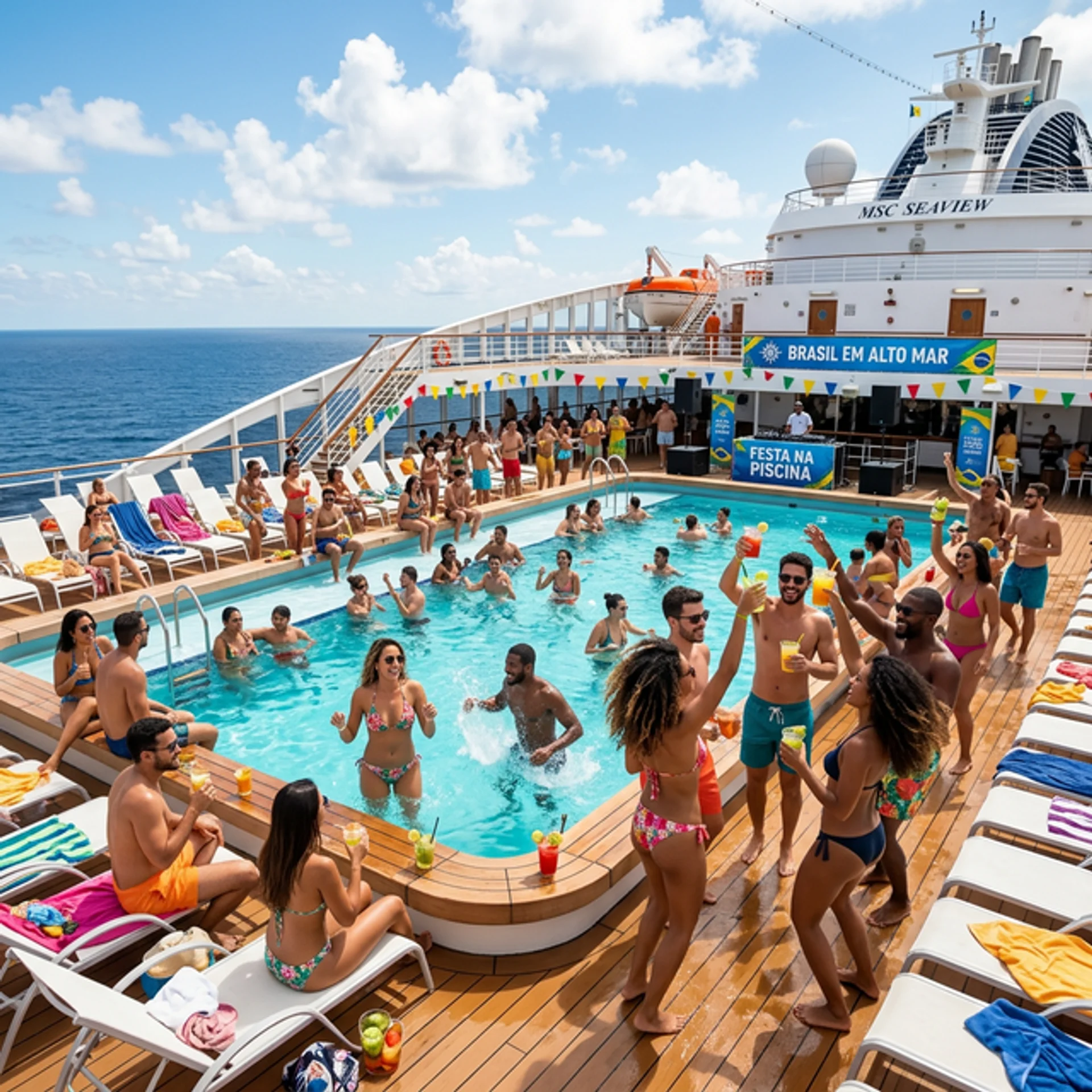 Pool party a bordo com passageiros celebrando no deck do navio