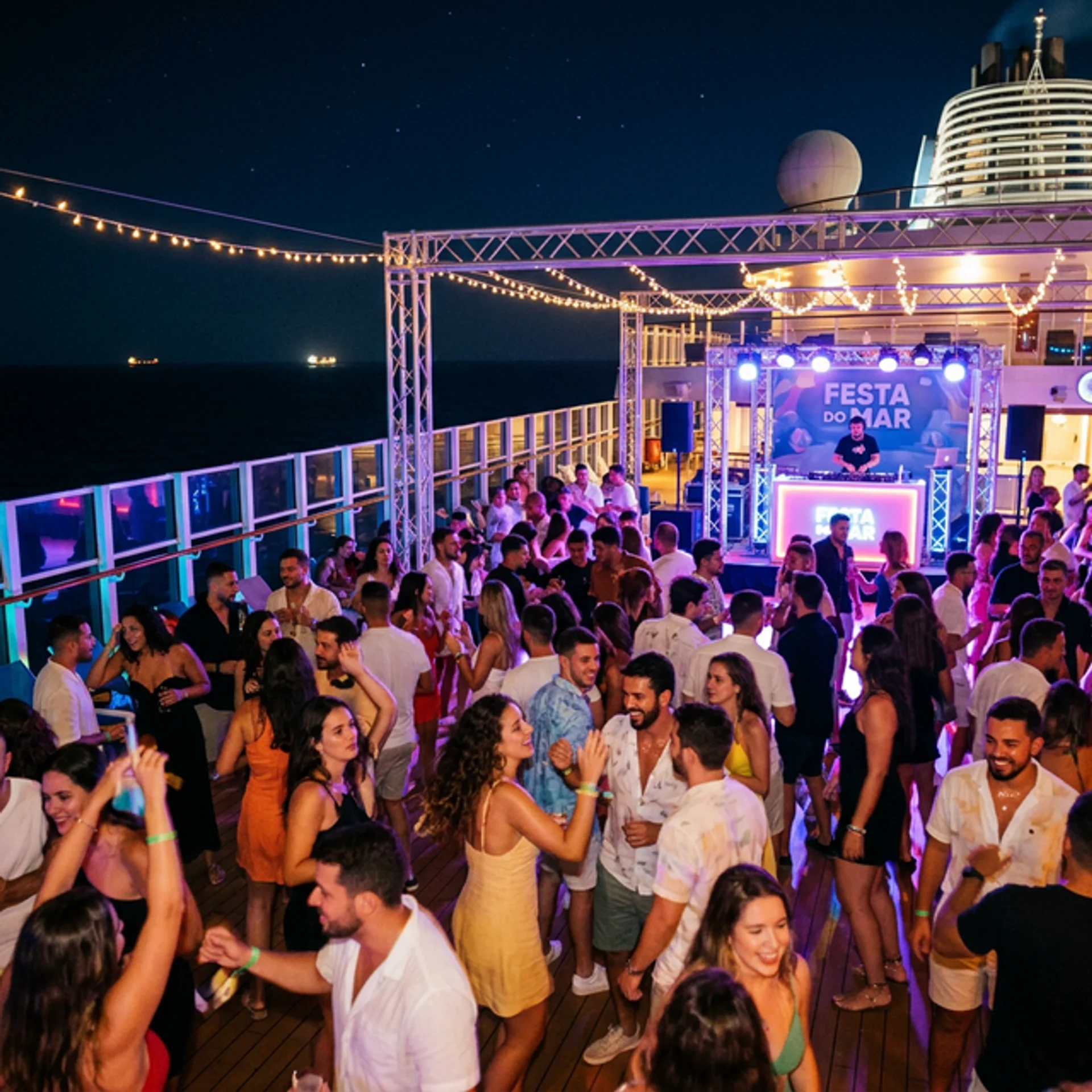 Festa noturna a bordo de navio de cruzeiro com luzes e música