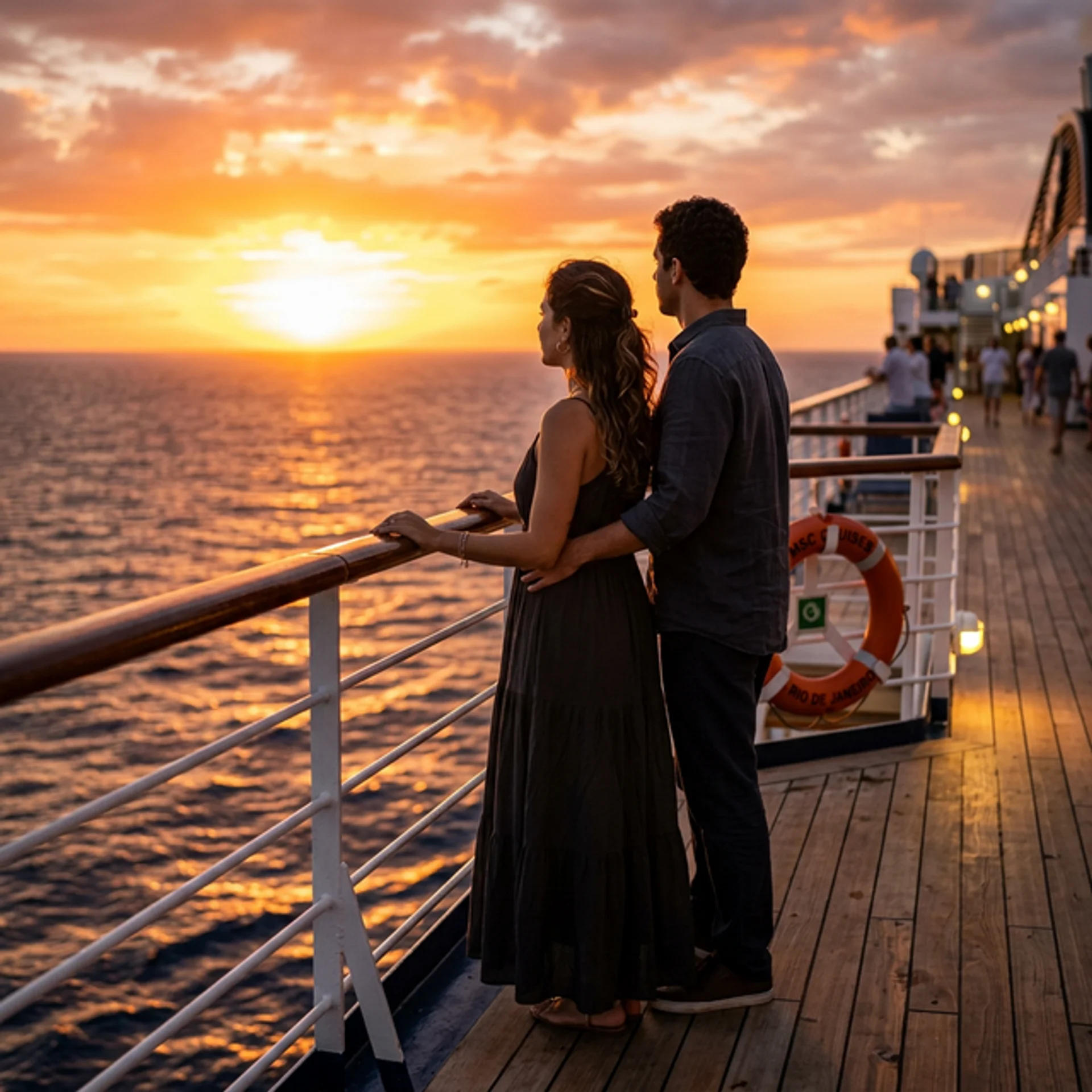 Casal admirando o pôr do sol no deck superior do navio