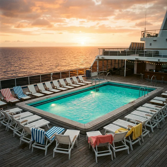Piscina do navio de cruzeiro ao pôr do sol
