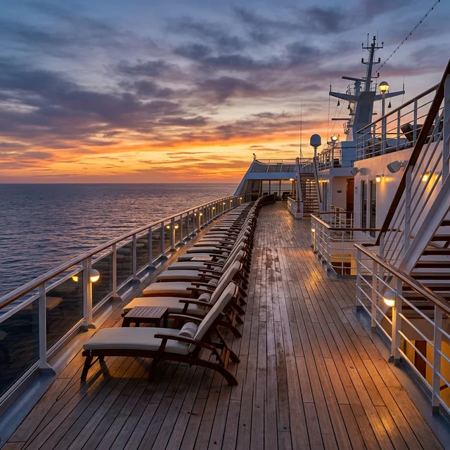 Deck de navio ao entardecer com o mar ao fundo