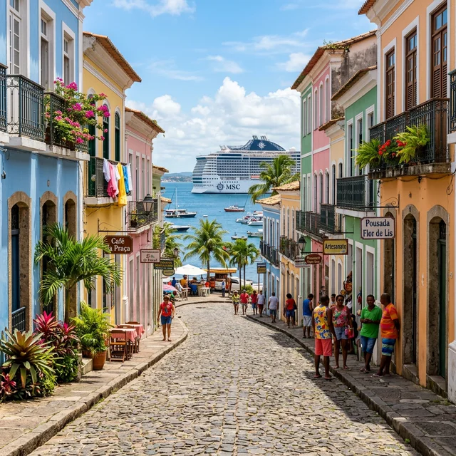 Porto com navio de cruzeiro atracado ao fundo
