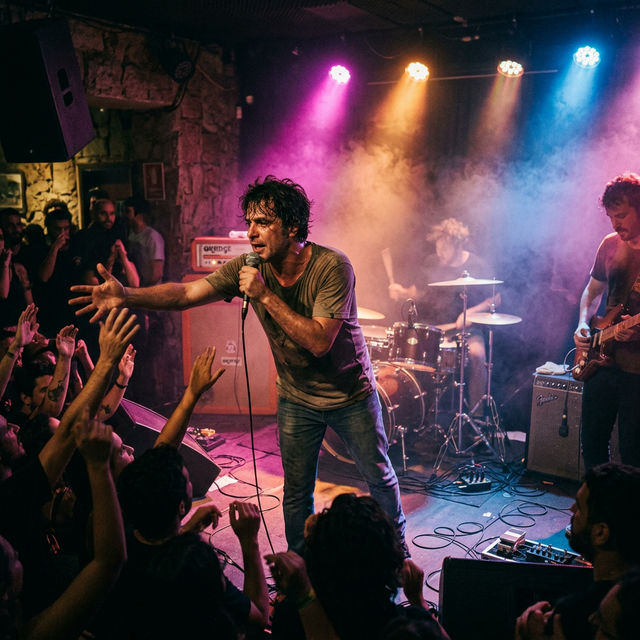 Banda tocando em palco de bar com luzes coloridas