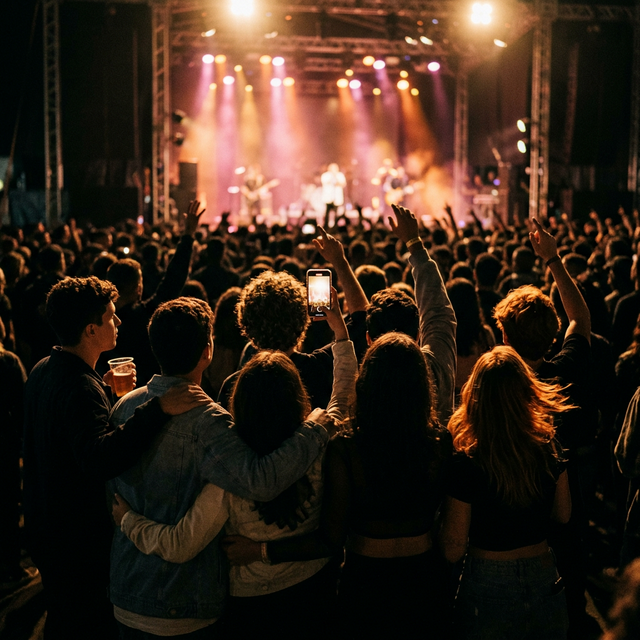 Público assistindo show de costas, braços levantados