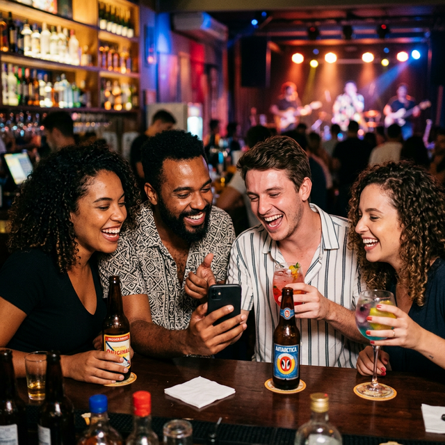 Amigos rindo juntos com drinks no bar durante show