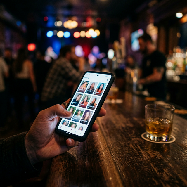 Celular mostrando interface do Catálogo do Amor em bar