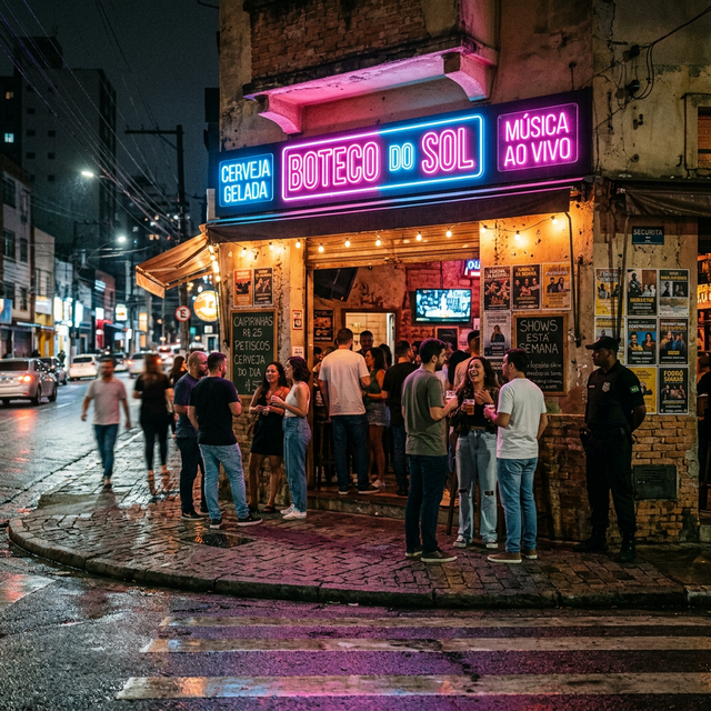 Fachada de bar noturno com luzes neon rosa e azul