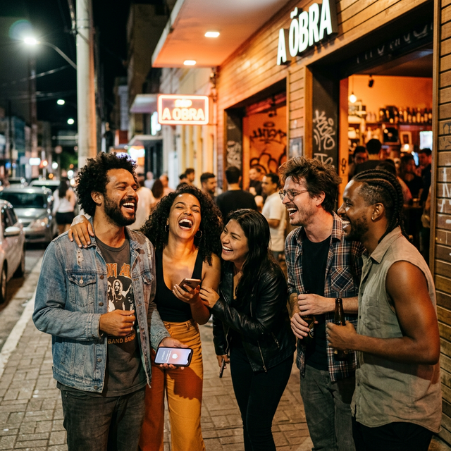 Grupo de amigos rindo na saída do bar após o show
