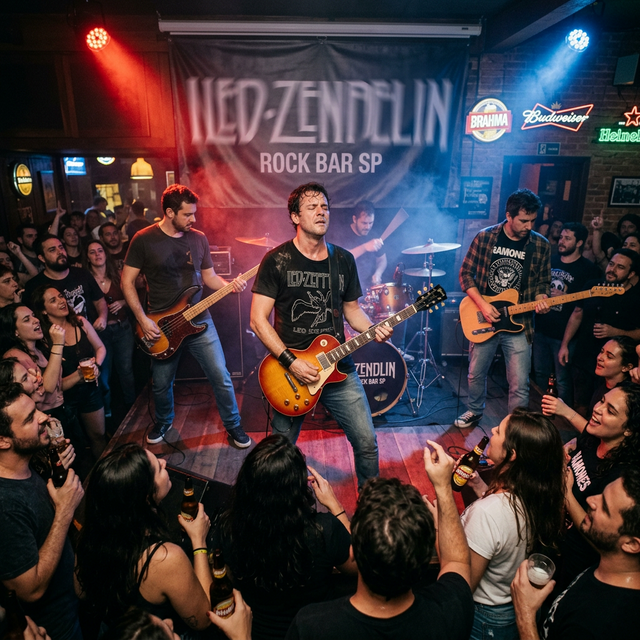 Banda de rock cover tocando em bar lotado com luzes vermelhas e azuis