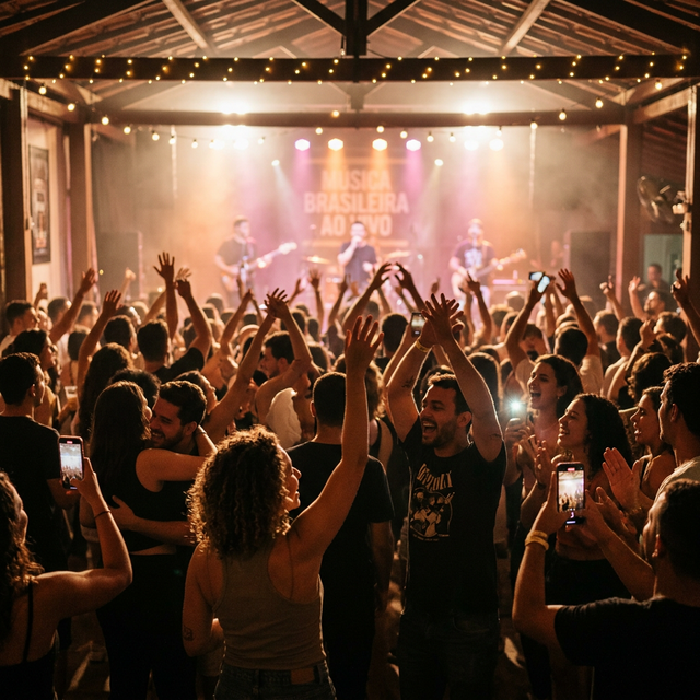 Público curtindo show ao vivo com braços levantados e luzes coloridas