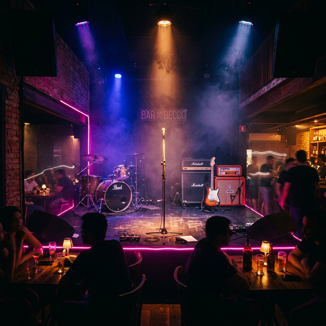 Palco de bar com iluminação neon rosa e azul entre os sets