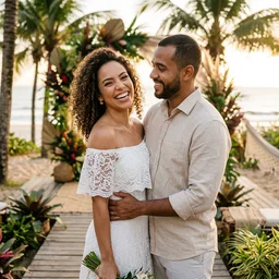 Juliana e Marcos sorrindo no casamento no Rio de Janeiro