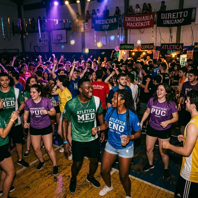 Grupo de universitários em festa da atlética com copos e bandeiras